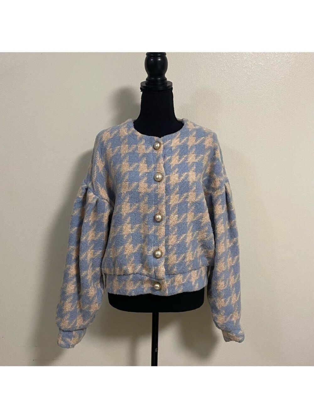 Storets Cardigan Women’s Size Medium Blue Cream Lori Houndstooth Cardigan